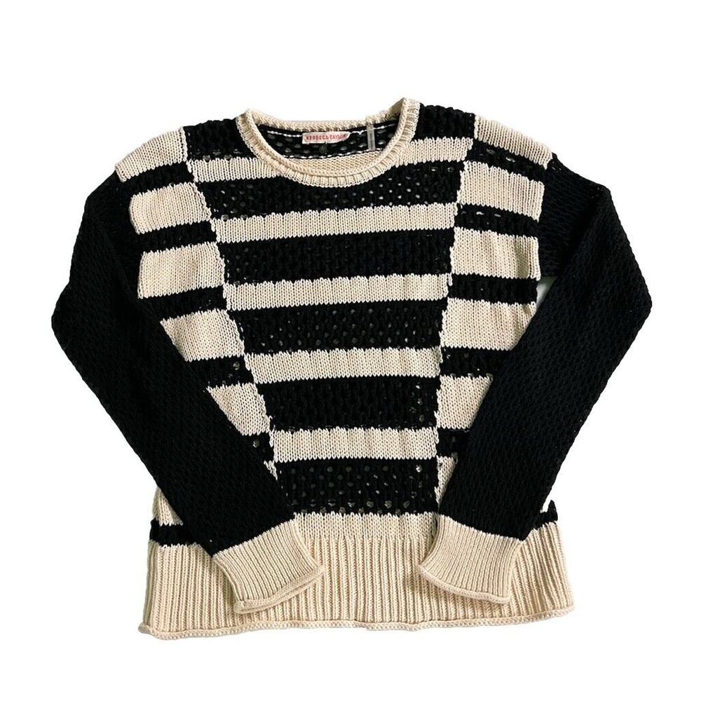 Rebecca Taylor Cotton Long Sleeve Crew Neck Open Knit Sweaterโ Medium Striped
